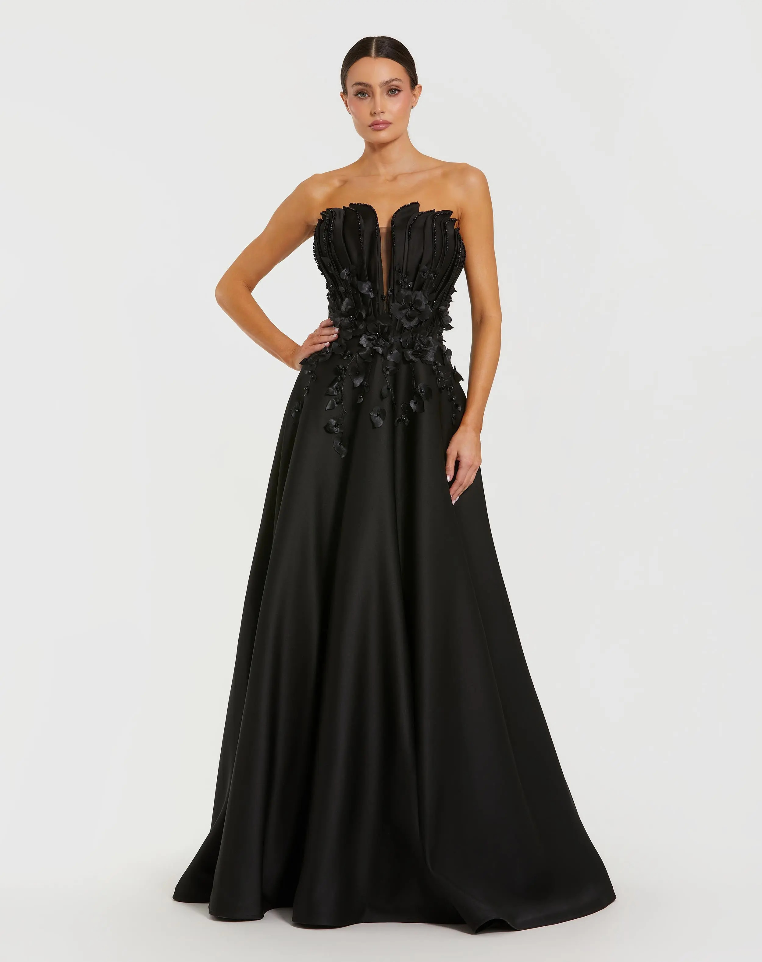 Black Strapless Satin Floral Embellished Ball Gown | Mac Duggal | Mac Duggal