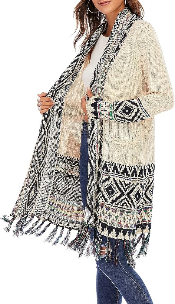 CGYY Women's Long Sleeve Open Front Cardigan Sweaters Boho Tassel Cardigan Aztec Tribal Stripe Fring | Amazon (US)