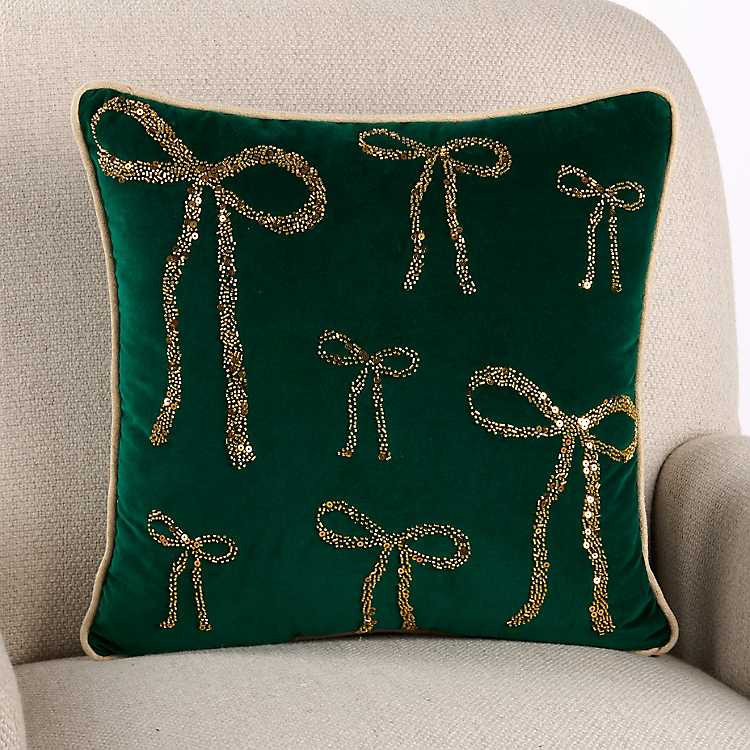 Green Gold Beaded Bows Pillow | Kirklands