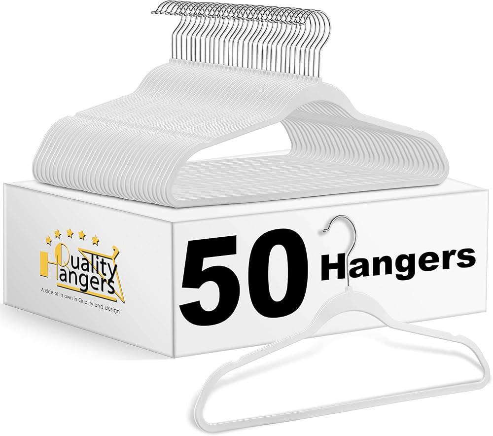 Quality Hangers 50 Pack Non-Velvet Plastic Hangers for Clothes - Heavy Duty Coat Hanger Set - Spa... | Amazon (US)