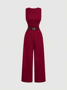 SHEIN MOD 1 Peça Macacão Solto Com Perna Larga E Pregas Marrom Feminino Com Cinto, Estilo Casual | SHEIN