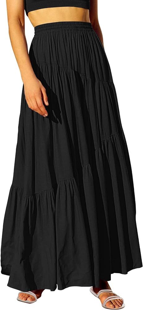 ANRABESS Women’s Boho Elastic High Waist Pleated A-Line Flowy Swing Asymmetric Tiered Maxi Long... | Amazon (US)