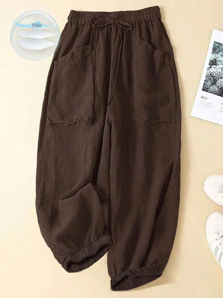 Joress Plus Size Women's Solid Color Waist Tie Elastic Cuff Loose Casual Pants | SHEIN