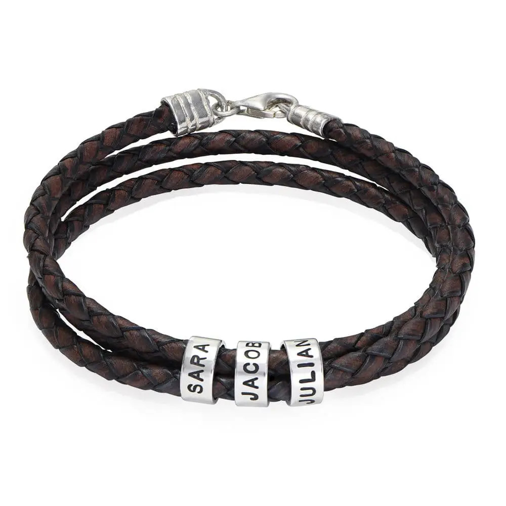 Navigator Braided Brown Leather Bracelet with Custom Beads in Silver | MYKA