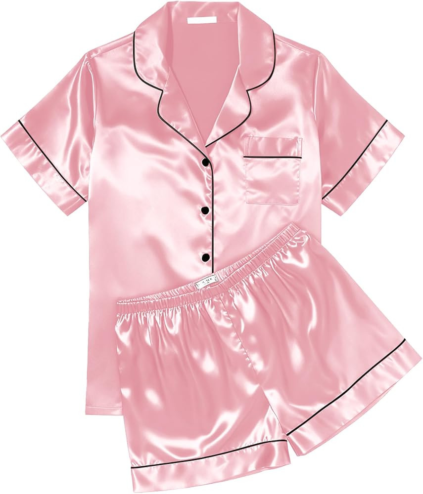 Ekouaer Womens Silk Satin Pajama Sets Soft Short Sleeve Button Down Sleepwear Top and Shorts 2 Pi... | Amazon (US)
