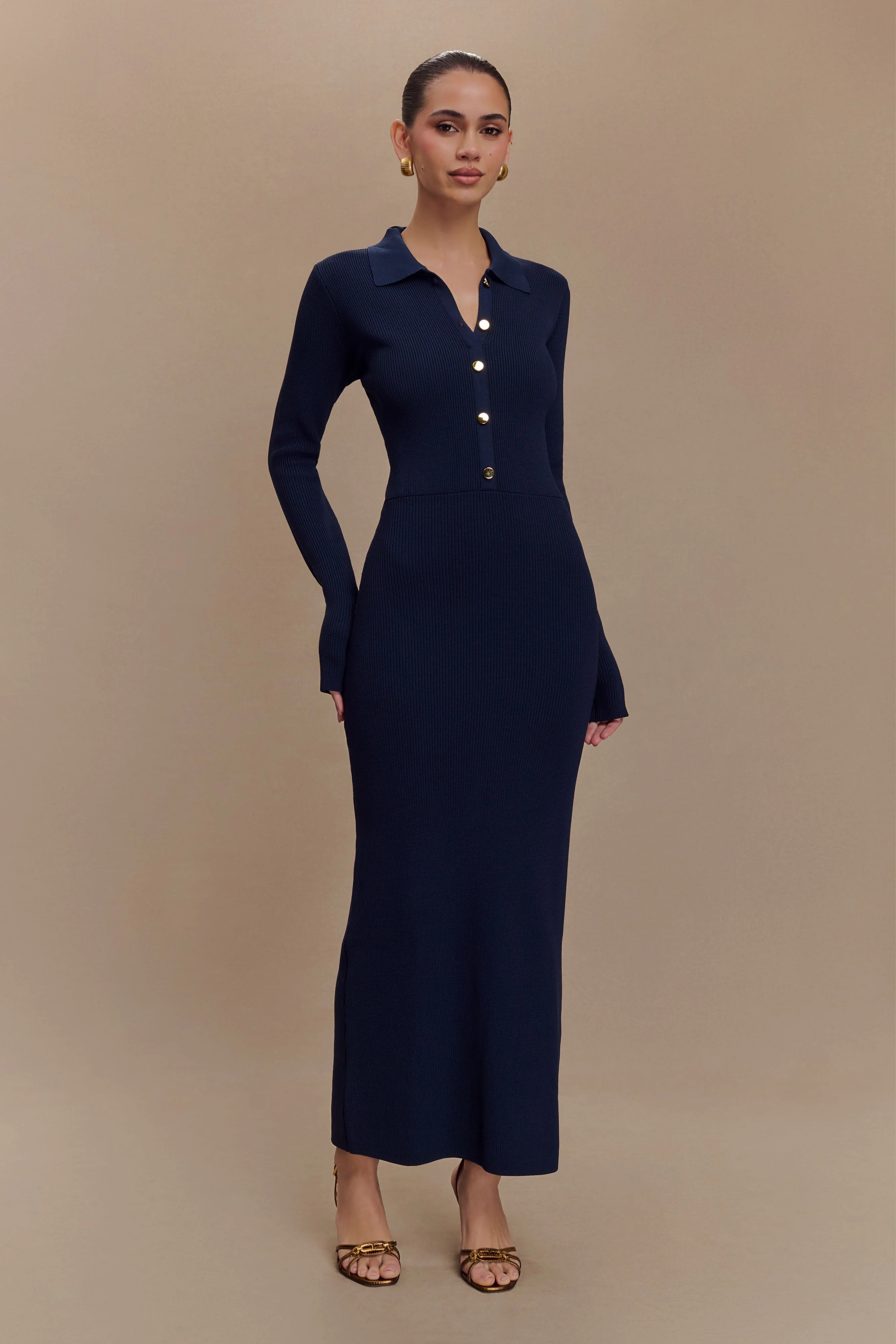 Buttoned Knit Midi Dress - Navy | MESHKI US