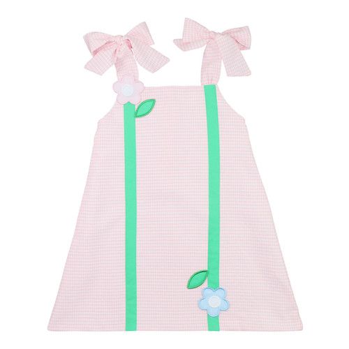 Pink Gingham Applique Floral Shoulder Tie Dress | Cecil and Lou