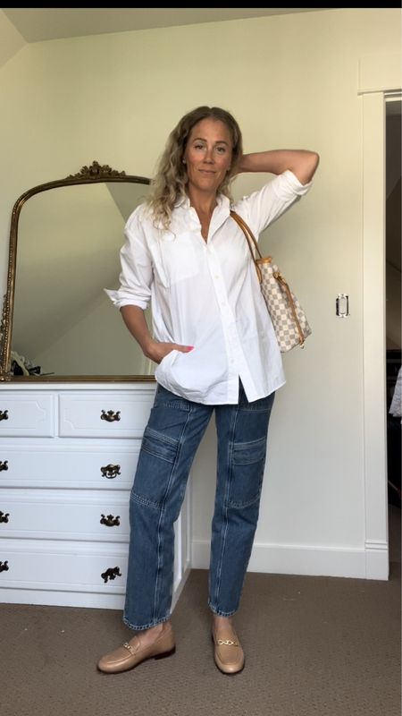 Casual spring look. Letting go of the front tuck and leaving the dress shirt out has a really chic lived in feel to it.

#LTKstyletip #LTKover40 #LTKfindsunder100