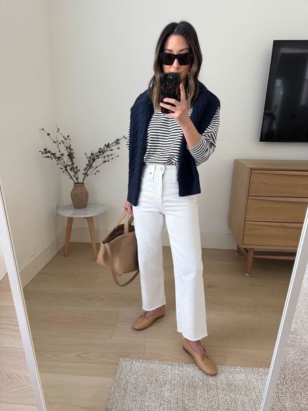 How to style white jeans. J.crew slim wide jeans. So comfy and flattering. On sale! 

AYR tee XS
J.crew sweater xs
J.crew jeans petite 24
Sam Edelman flats 5
Mansur Gavriel bag. Color is old.  
Celine sunglasses  

Summer outfits, jeans, purse, petite style


#LTKItBag #LTKSeasonal #LTKShoeCrush