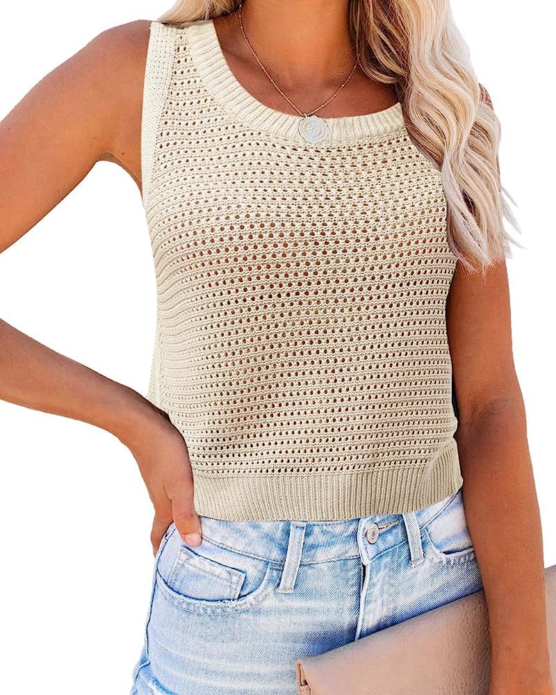 FISACE Womens Summer Knit Sweater Tank Tops Round Neck Crochet Hollow Out Sleeveless Casual Crop ... | Amazon (US)