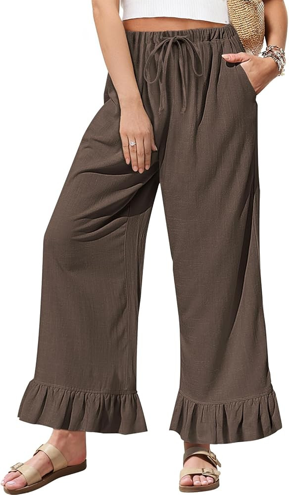 TARSE Women’s Linen Casual Pants Flared Leg Wide Leg Drawstring Ruffle Harem Palazzo Pants with... | Amazon (US)