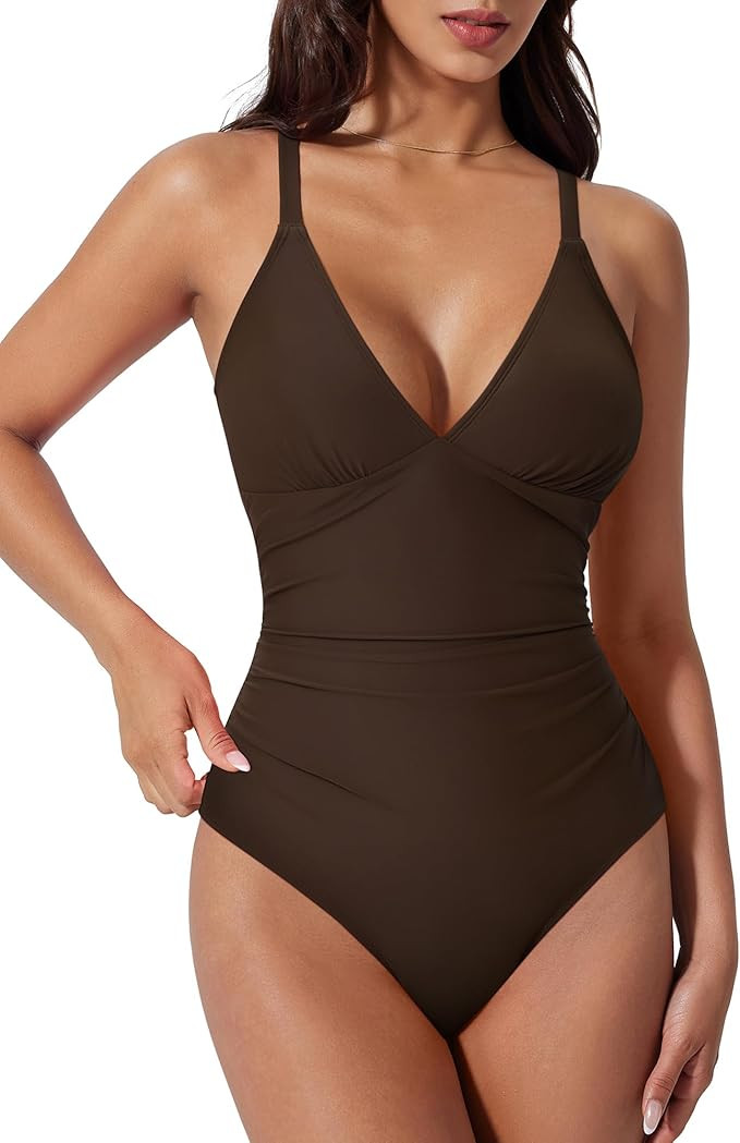 SUUKSESS Women Tummy Control One Piece Swimsuit Sexy V Neck Push Up Bathing Suit | Amazon (US)