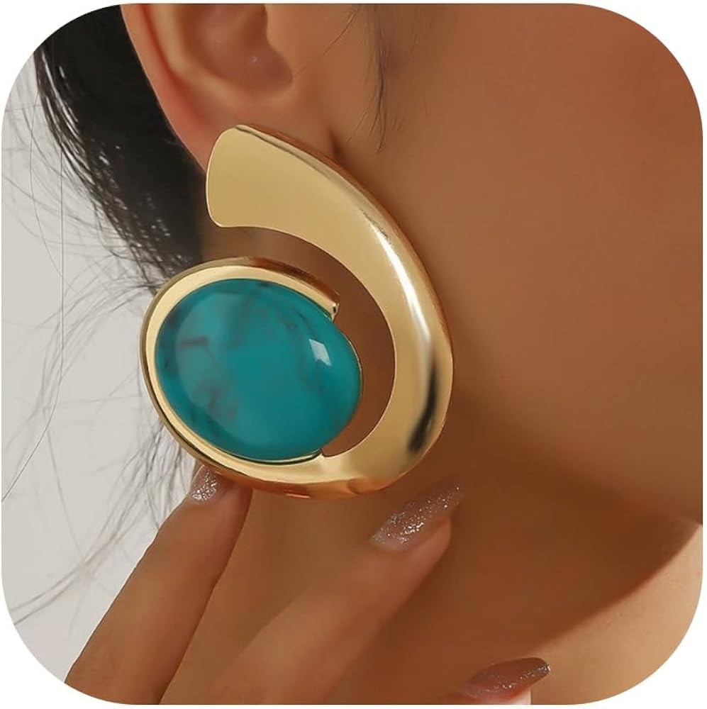Chunky Gold Turquoise Western Statement Earrings Oval Dangle for Women Vintage Cowgirl Boho Count... | Amazon (US)