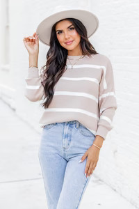 Crushing On You Tan Striped Crew Neck Sweater | Pink Lily
