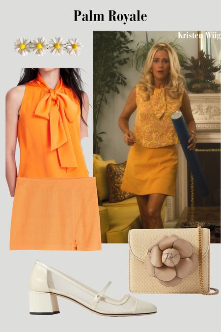 Palm Royale - Kristen Wiig as Maxine Simmons wearing a retro orange shirt with ascot and an orange mini skirt. Love the daisy barrette in the hair and added a cute clutch simple block heels

#LTKfindsunder100 #LTKtravel #LTKstyletip