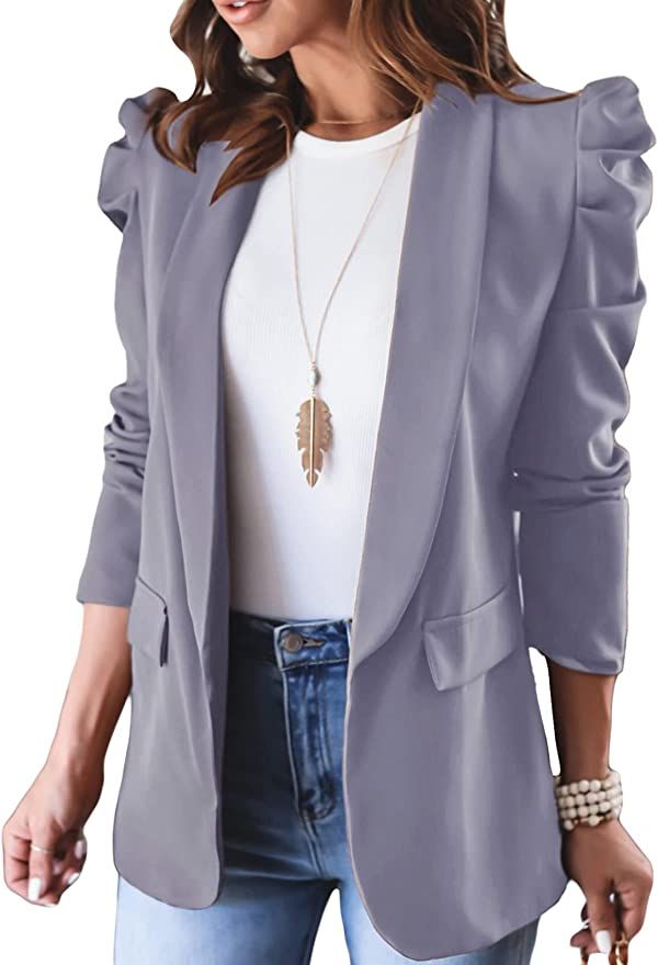 KIRUNDO Women's 2023 Casual Blazers Puff Sleeve Lapel Open Front Work Suit Office Blazer Jackets ... | Amazon (US)
