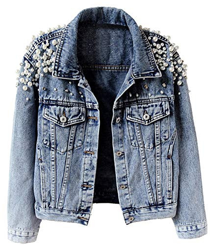 Kedera Women's Embroidered Rivet Pearl Short Denim Jacket Coat | Amazon (US)