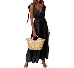 PRETTYGARDEN Women's Dress Spaghetti Strap Shoulder Knot Wrap Neck Summer Dresses Ruffle Hem Smoc... | Amazon (US)