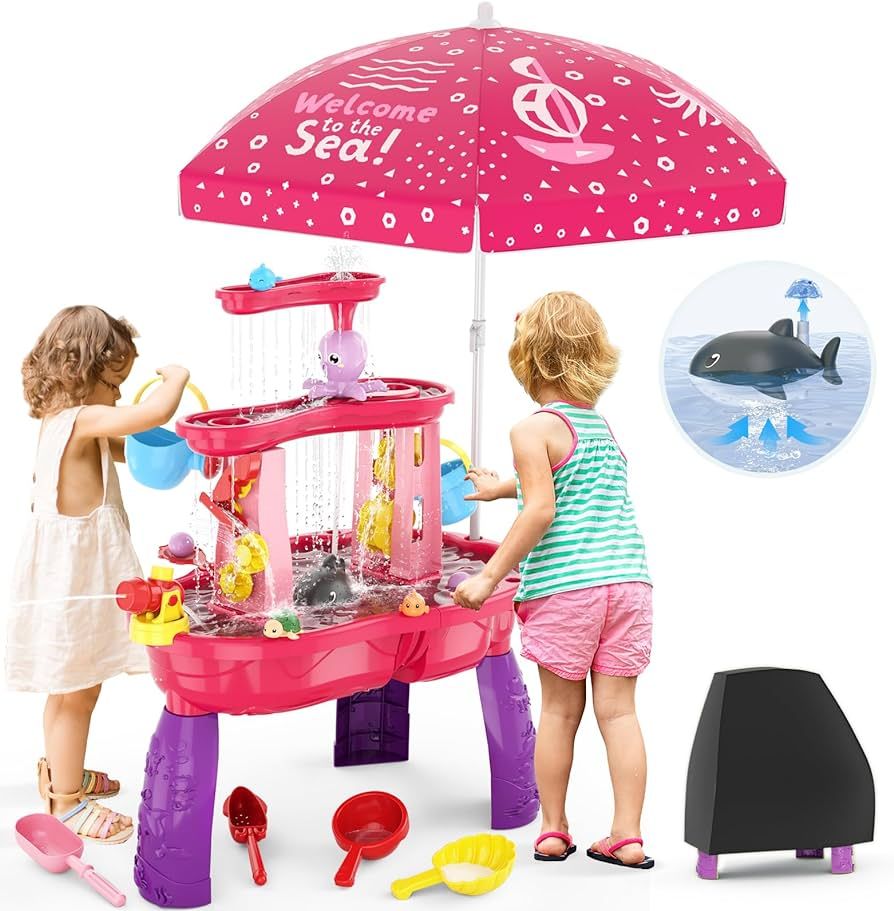 Water Table for Toddlers 3-5 with Umbrella/Water Pumb/Water Table Cover, 3-Tier Kids Sand Water T... | Amazon (US)