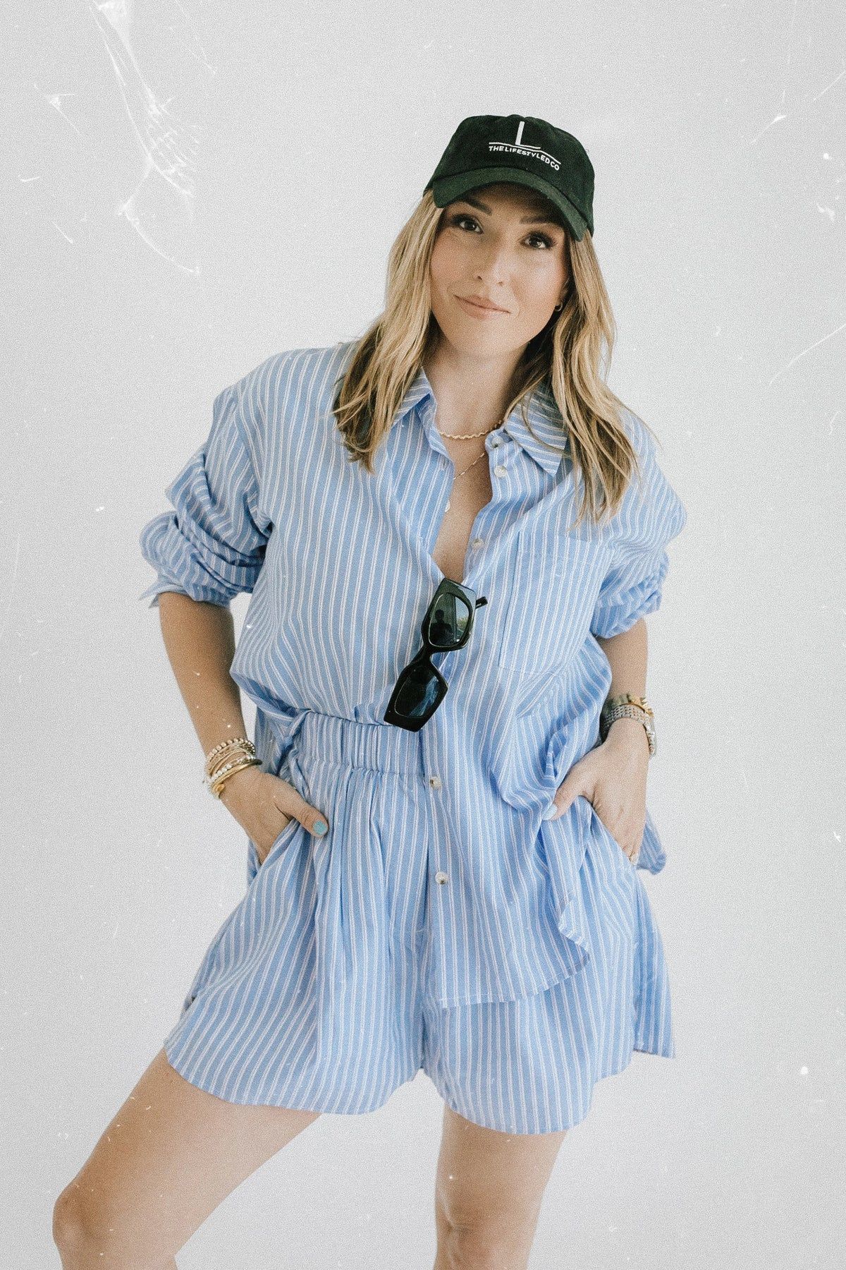 Wellness Striped Button Down + Short Set - Sky | THELIFESTYLEDCO