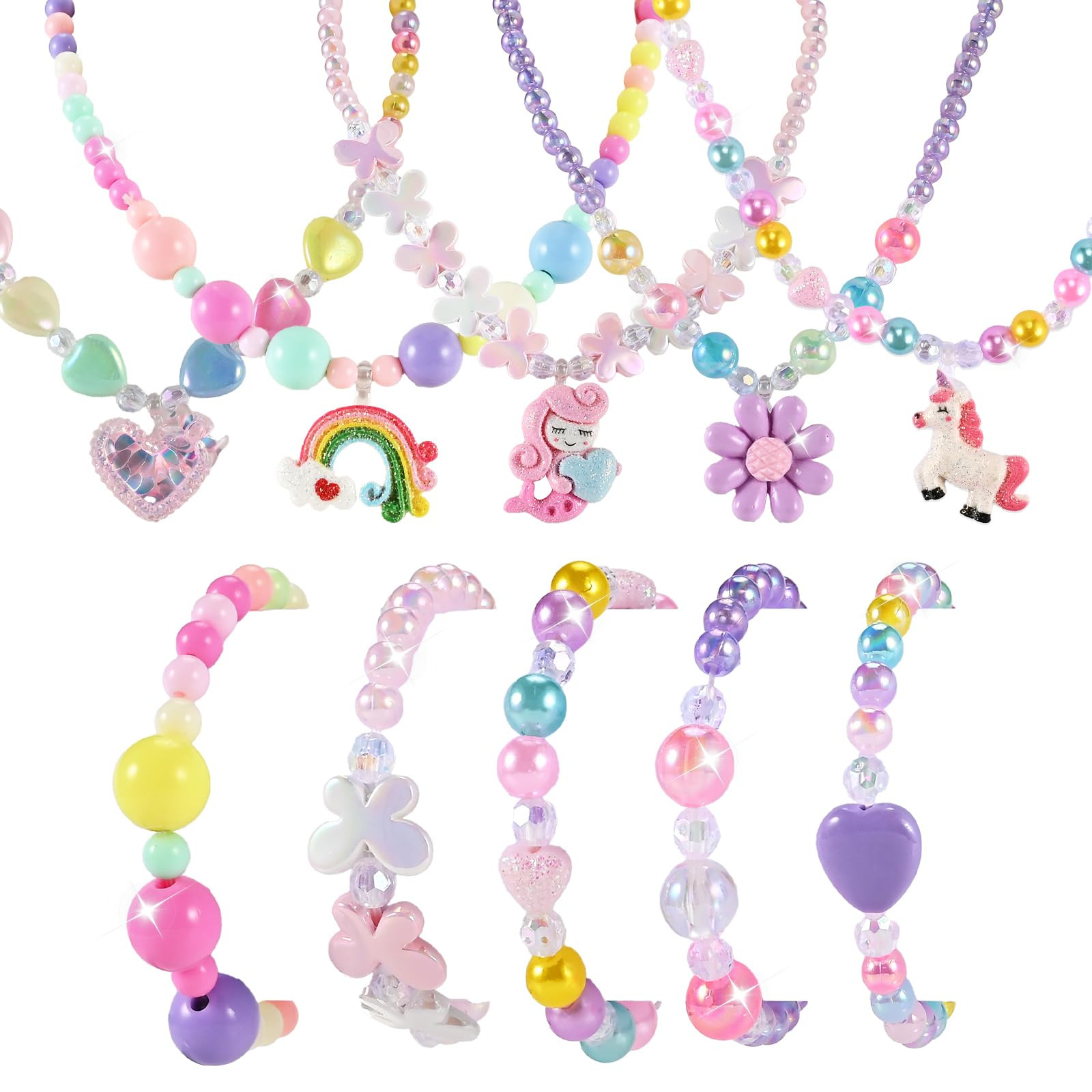 10pcs Kids Jewelry for Girls -5 Necklaces, 5 Bracelets, Little Girls Jewelry Kids Mermaid Necklac... | Amazon (US)