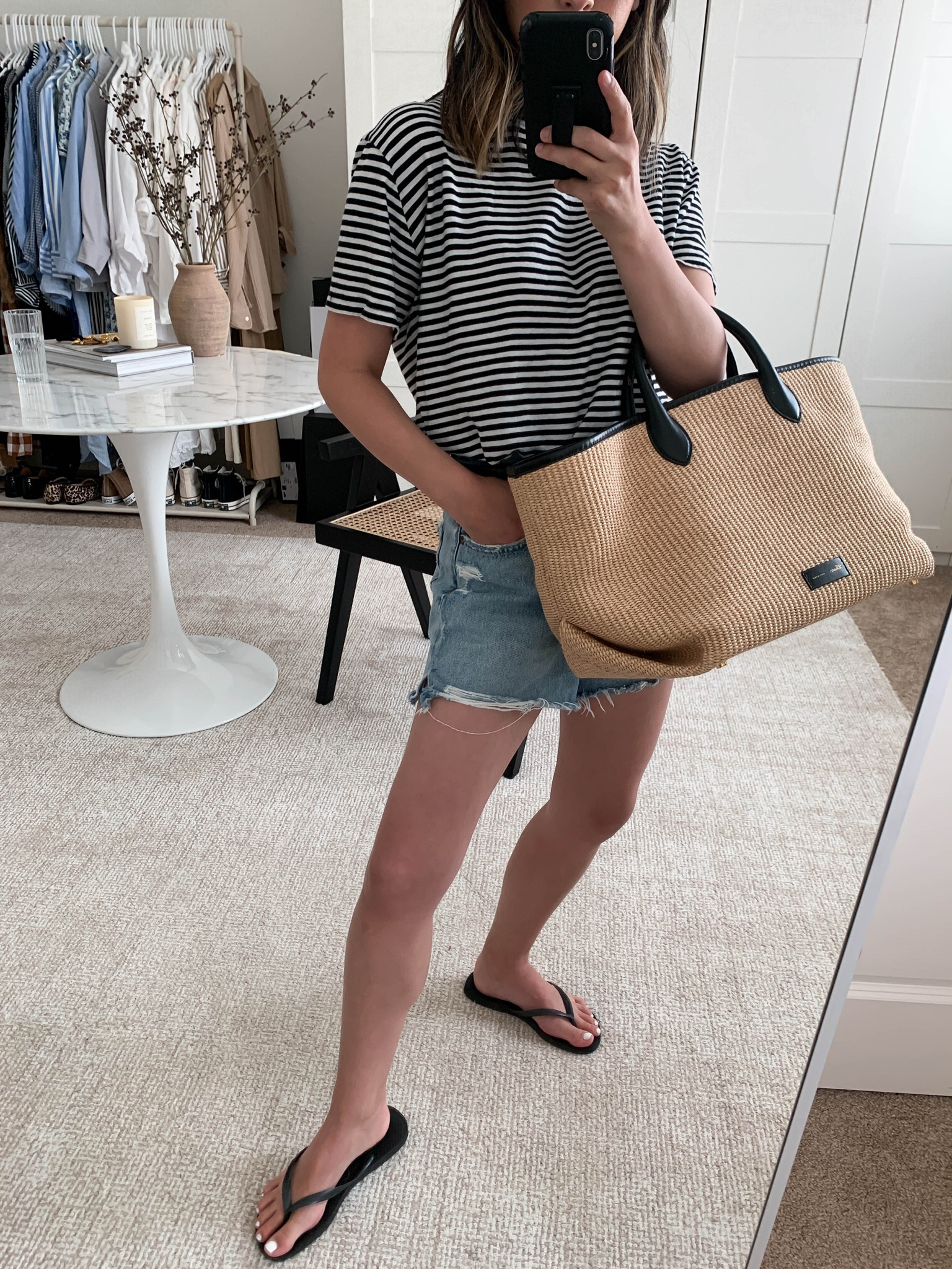 Daily #ootd. 

Tee - Goat Milk NYC small
Shorts - AGOLDE 26. Sized up 2 sizes. 
Sandals - Haviannas 5
Tote - Khaite medium