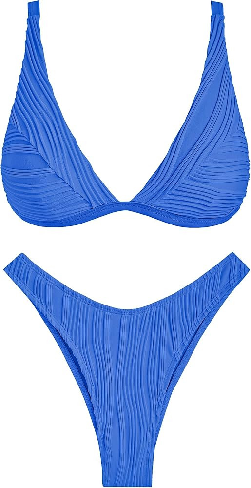 ZAFUL Women's Sexy Two Piece Swimwear Textured Triangle Plunging Neck High Cut Cheeky Bikini Set ... | Amazon (US)