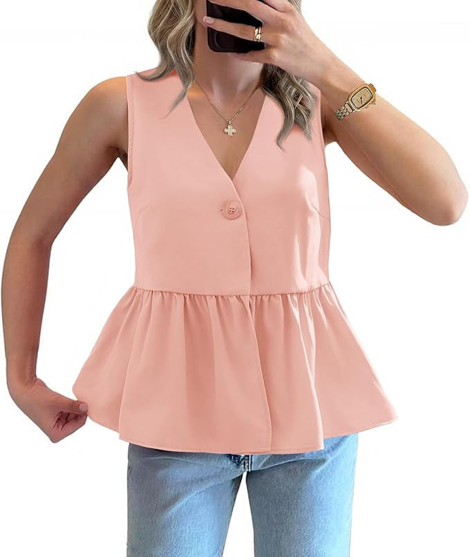 Tankaneo Womens V Neck Babydoll Tank Tops Peplum Ruffle Hem Sleeveless Shirts Summer Casual Butto... | Amazon (US)
