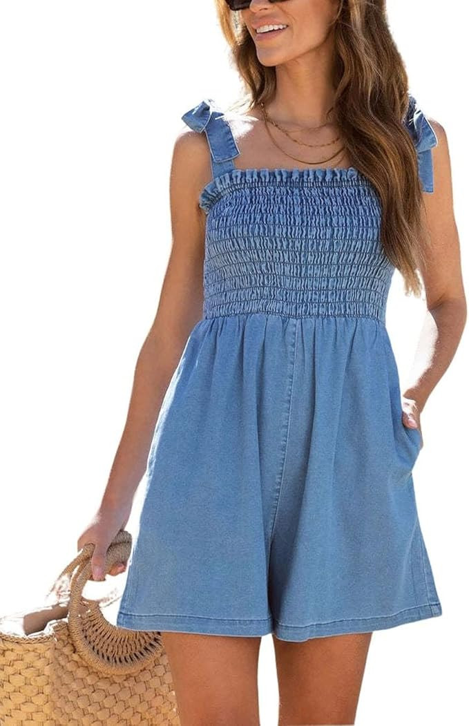chouyatou Women's Summer Smocked Bust Ruffle Denim Romper Shorts Beach Sleeveless Jean Jumpsuits | Amazon (US)