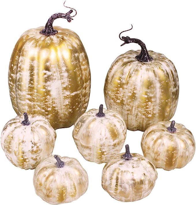 7 Pcs Assorted Size Artificial Pumpkins Rustic Faux Pumpkin Gold Brushed White Pumpkins for Fall ... | Amazon (US)