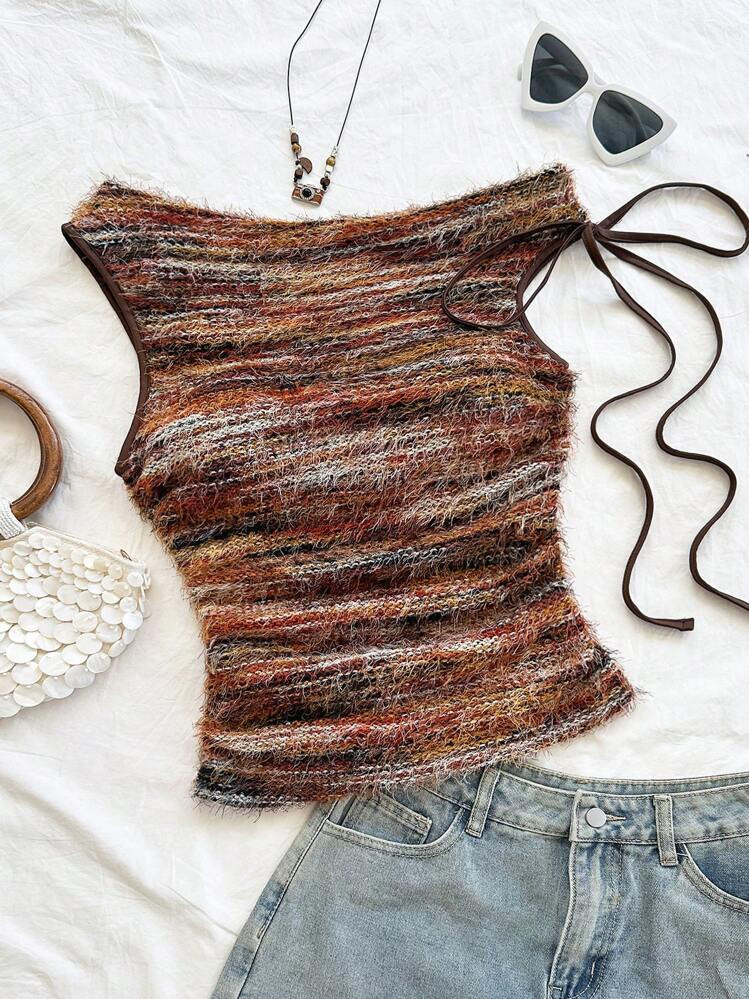 Soleia Women's Vacation Apricot Knit Bubble Texture Fabric Asymmetrical Shoulder Sleeve Tie Waist... | SHEIN