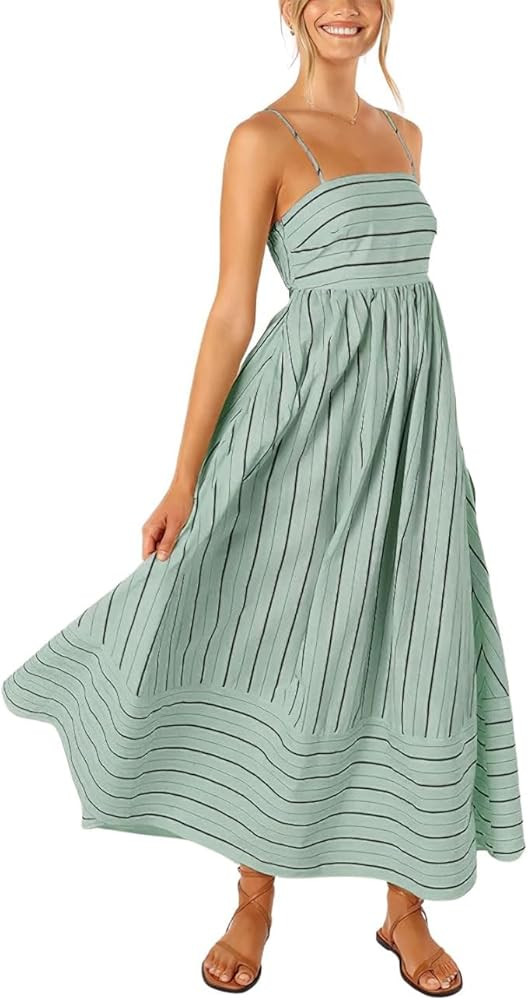 utcoco Womens Summer Striped Back Smocked Maxi Sundresses Spaghetti Strap Cut Out Flowy Swing A L... | Amazon (US)