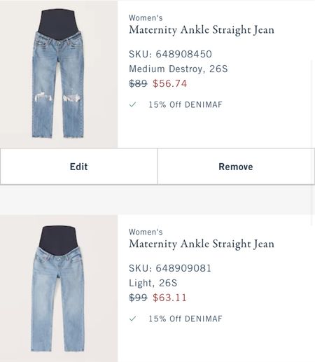 Just ordered these maternity jeans from Abercrombie. Already on sale plus 15% off with code DENIMAF — last day! 

#LTKsalealert #LTKbaby #LTKbump