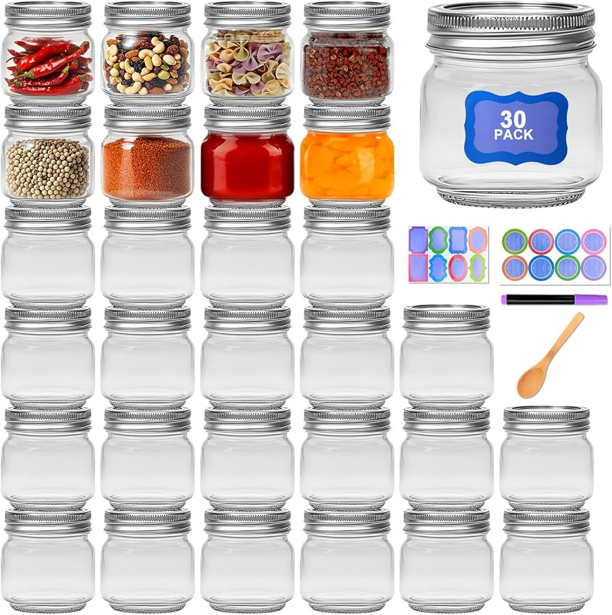8 oz Mason Jars 30 Pack，Small Glass Containers with Lids，8oz Mason Jars with Lids,Canning Jar... | Amazon (US)