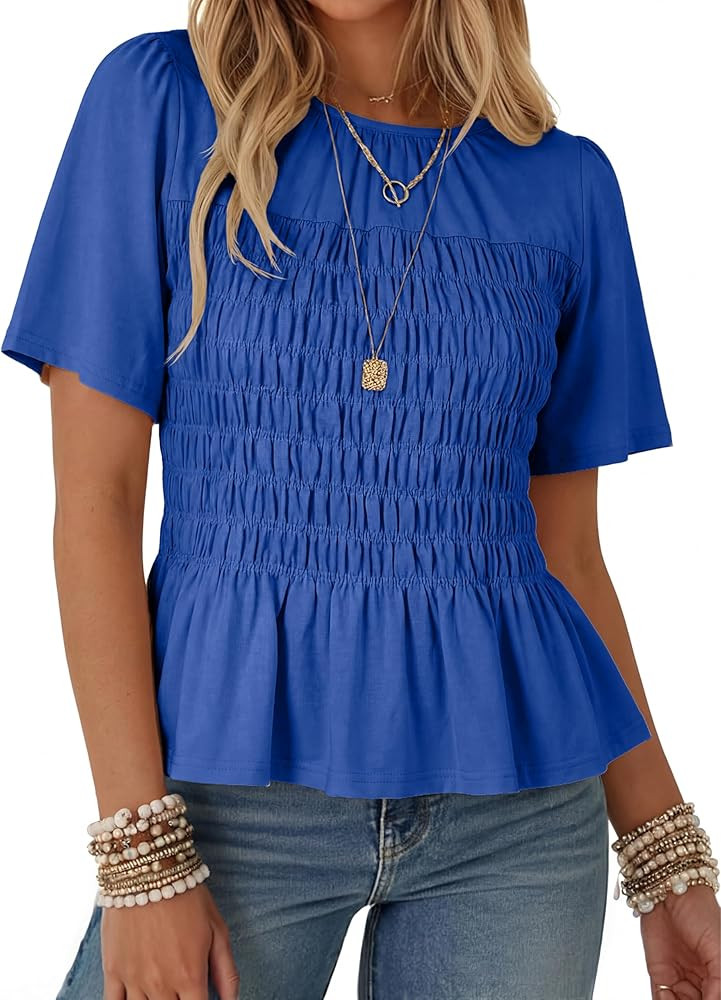 Watashi Women Summer Tops Smocked Elastic Pleated Peplum Ruffle Hem Short Sleeve Babydoll Top Cas... | Amazon (US)