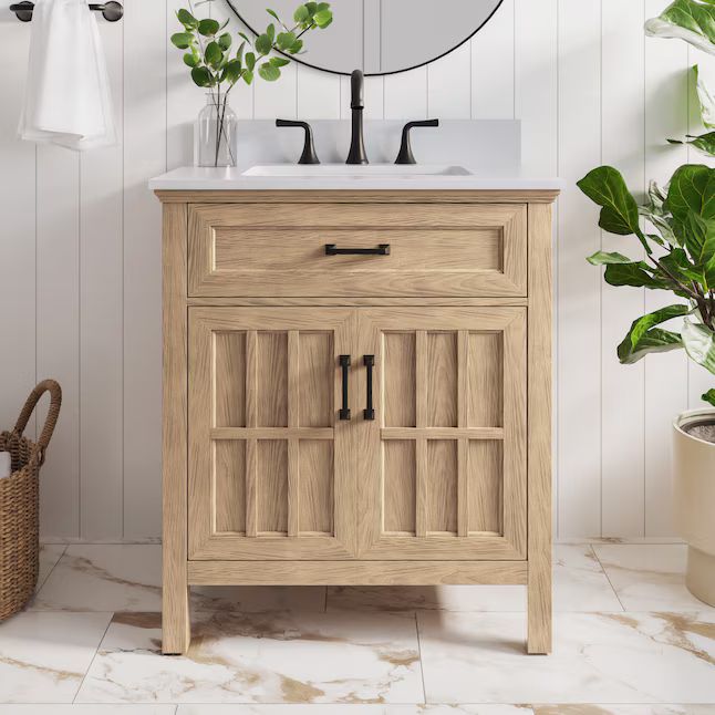 allen + roth Cantrell 30-in Oak Undermount Single Sink Bathroom Vanity with White Engineered Ston... | Lowe's
