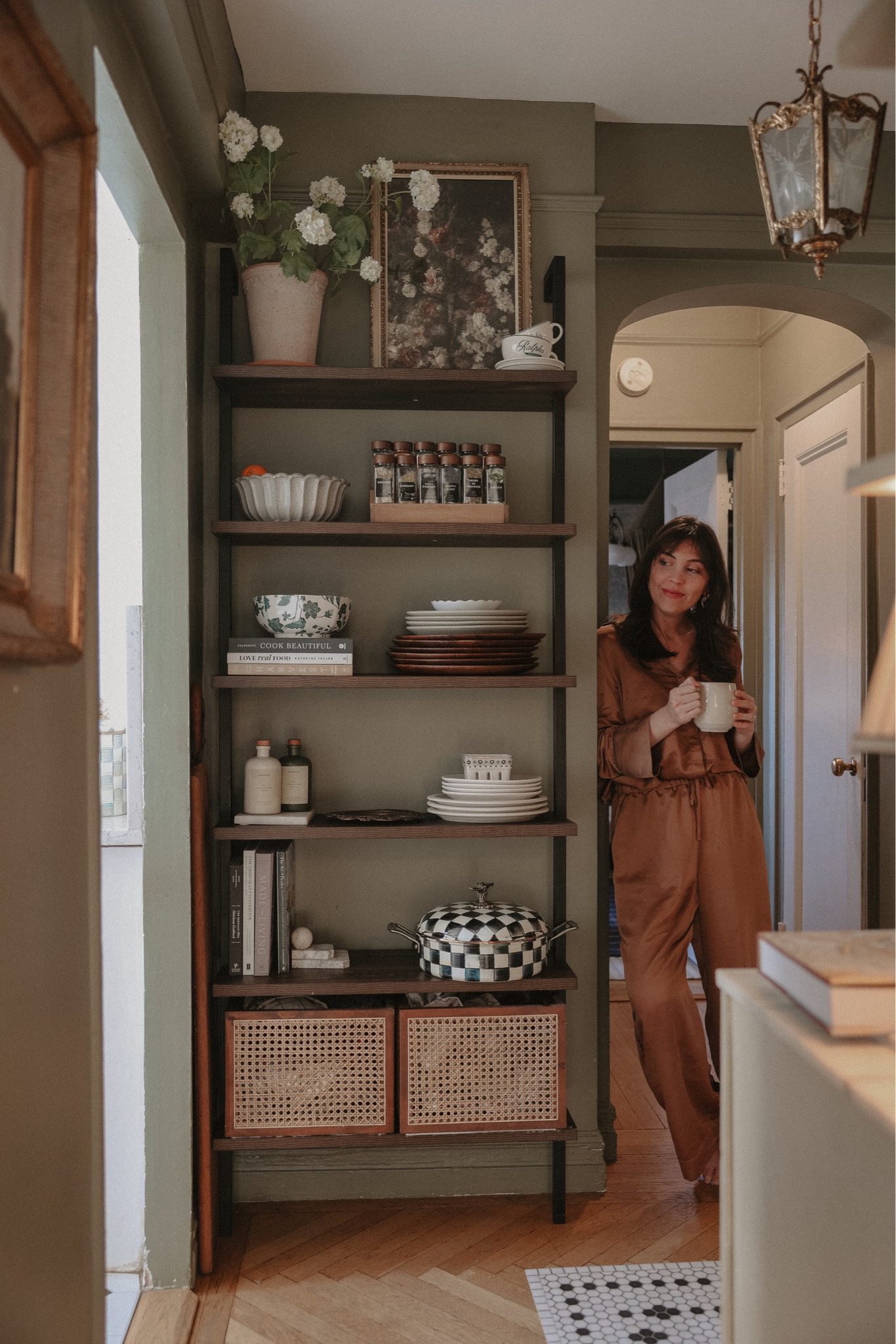 Satin pajama and kitchen shelf details 