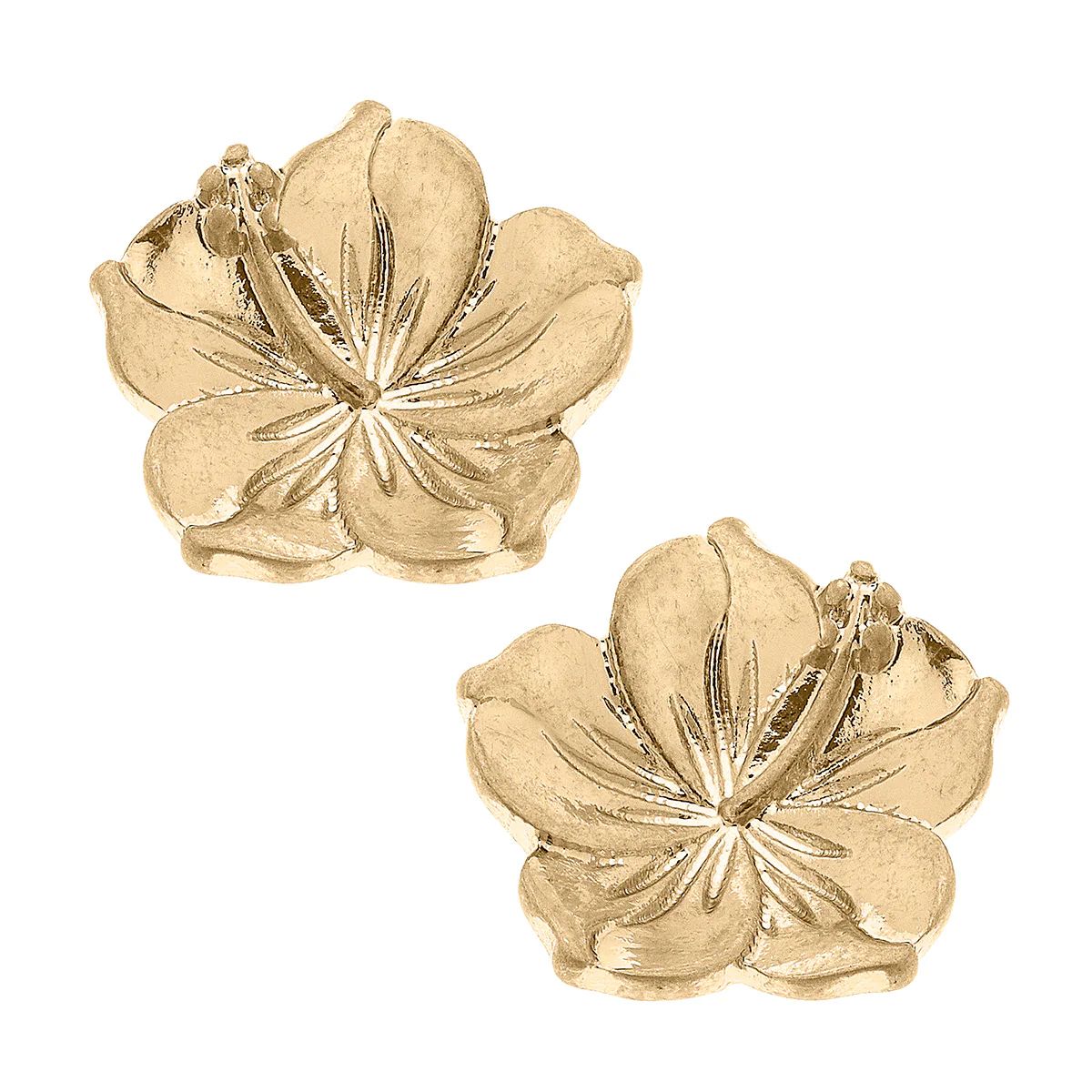 CANVAS Style x @thelovelyflamingo Hibiscus Stud Earrings in Worn Gold | CANVAS