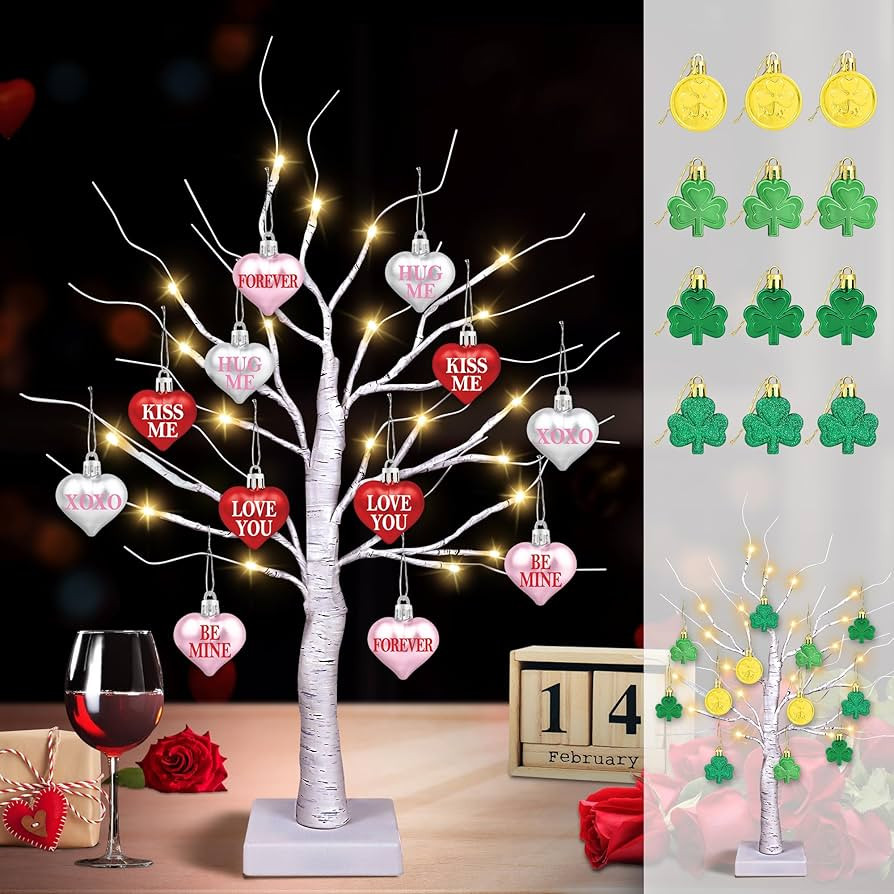 [Timer] Valentines Day Decor 24" Lighted Birch Tree with 24pcs Heart Shamrock Ornaments for Valen... | Amazon (US)