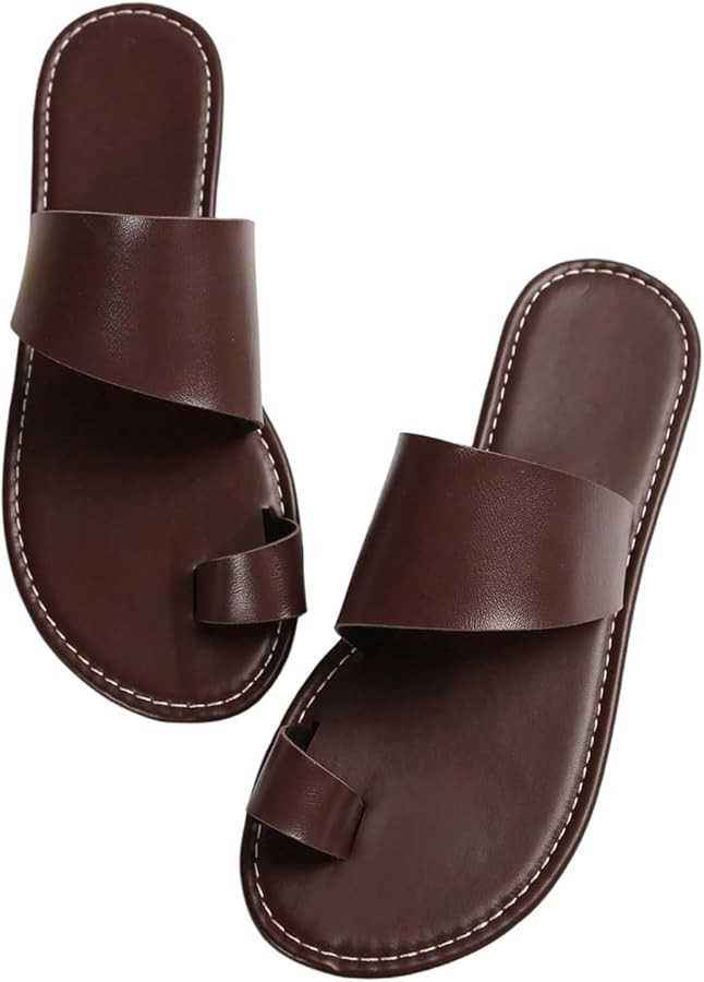 OYOANGLE Women's Toe Ring Open Toe Flat Sandals Strappy Solid Non Slip Outdoor Beach Slides Slipp... | Amazon (US)