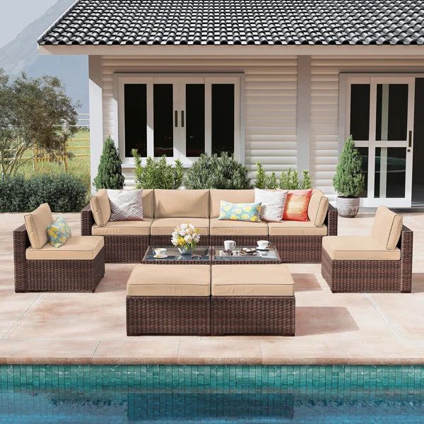 10 Piece Rattan Sectional Seating Group with Cushions | Wayfair Professional