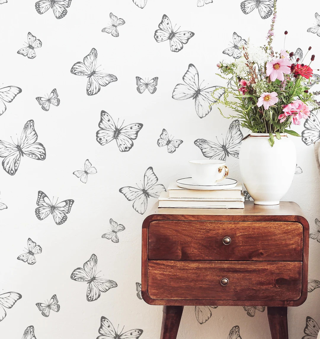 Hand Drawn Butterflies Wallpaper Entomological Butterflies Peel and Stick Removable Wallpaper for... | Etsy (US)