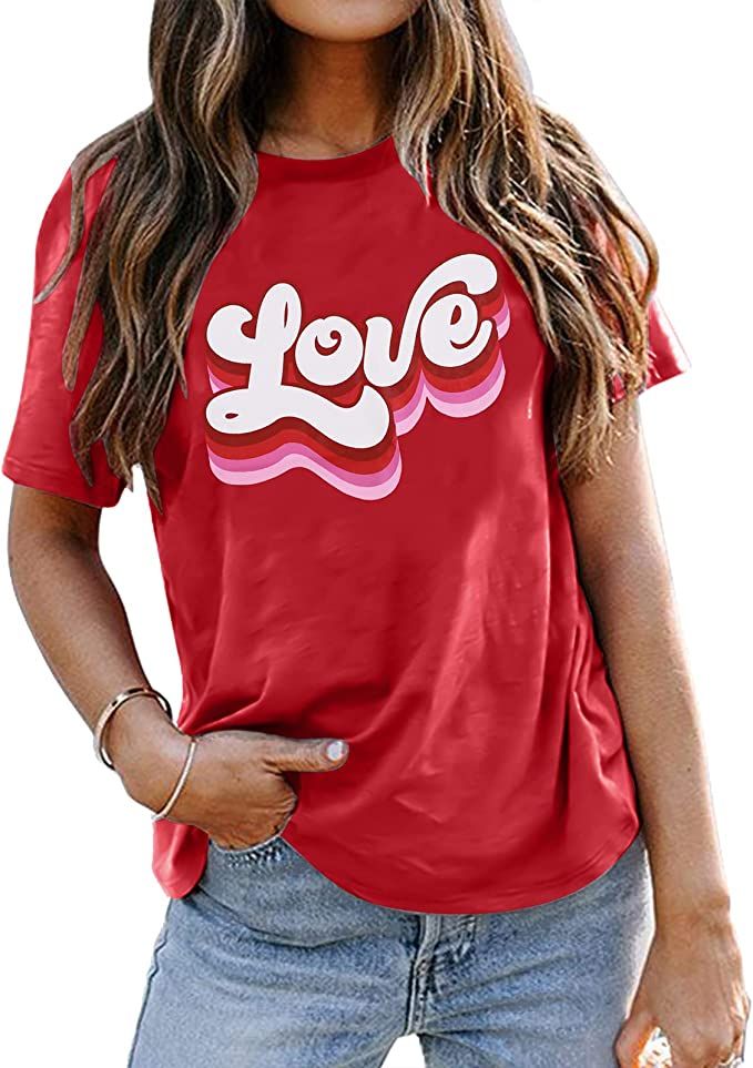 MYHALF Valentines Day Shirts Women Cute Love Letter Graphic T-Shirt Casual Short Sleeve Tee Gift ... | Amazon (US)