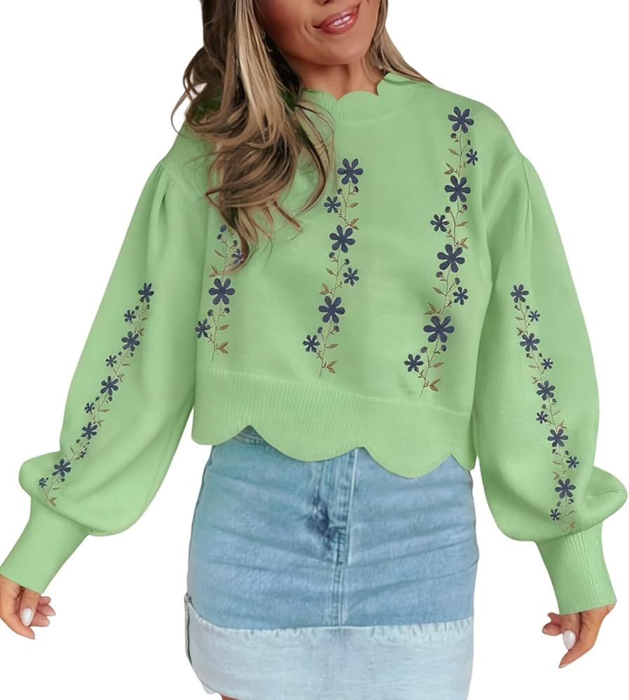 Floral Sweaters for Women Pullover Embroidered Sweaters Scallop Hem Puff Sleeve Cropped Knit Swea... | Amazon (US)