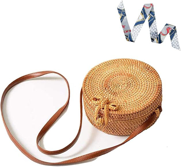 CAMILIFE Vintage Handmade Rattan Bag Crossbody Round Knitted Straw Bag Bag Round Beach Vacation B... | Amazon (UK)