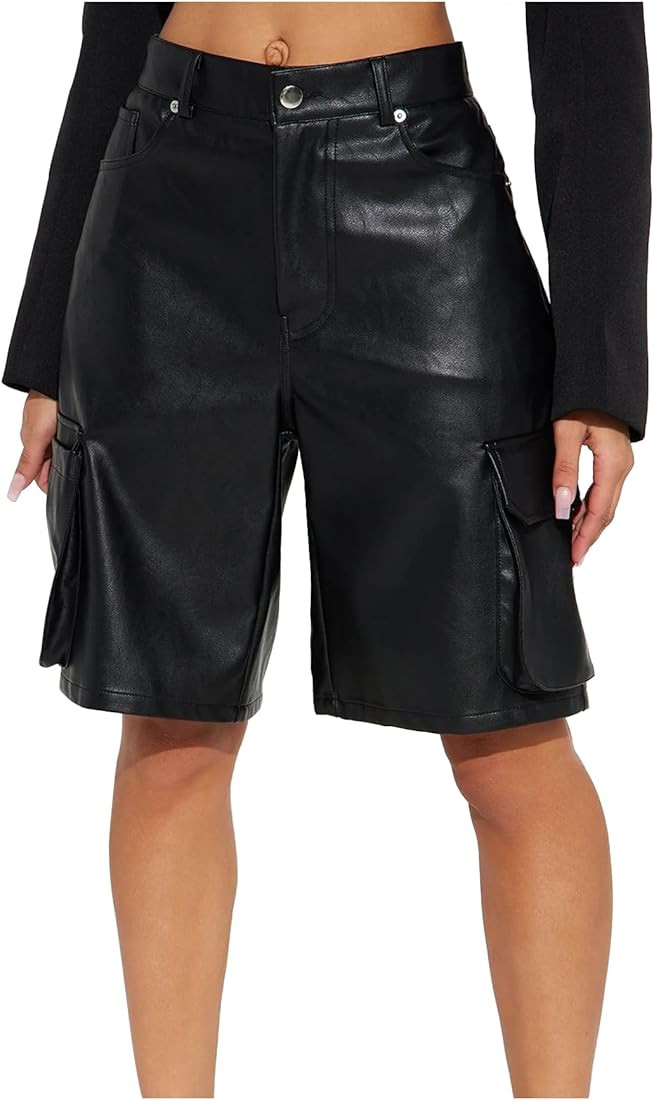Faux Leather Cargo Shorts for Women High Waisted Casual Wide Leg Bermuda Shorts with Pockets | Amazon (US)