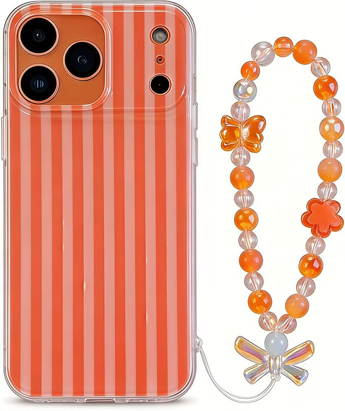 Papaya Orange Stripe Clear TPU Phone Case for iPhone 17 with Premium Wrist Strap Charm, IMD Ultra... | Amazon (US)