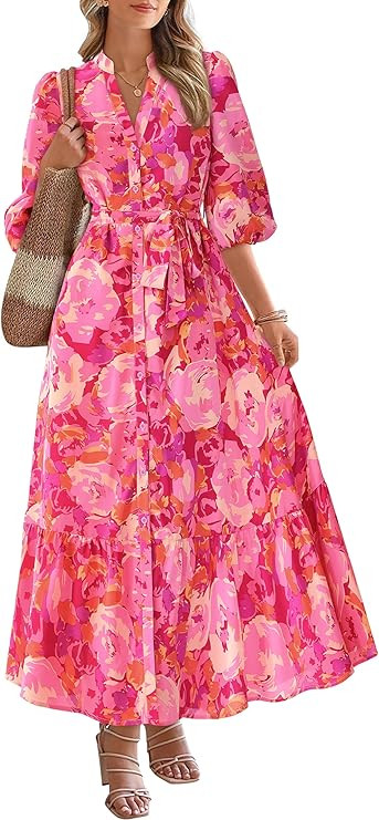 Womens Floral Maxi Dresses Boho Summer Casual V Neck 3/4 Puff Sleeve Button Down Tie Waist Long F... | Amazon (US)