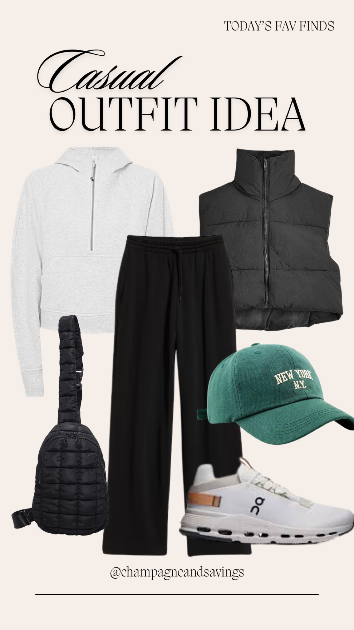 How to style black sweatpants! If you love a good casual outfit idea, then this athleisure outfit is perfect. Also a great puffer vest outfit idea as well. Love it paired with a fun pop of green, a sling bag, and these oncloud women’s sneakers. 

#LTKFindsUnder50 #LTKStyleTip #LTKShoeCrush
