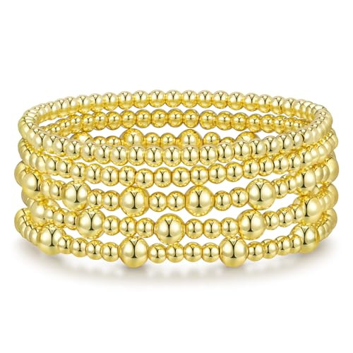 Gold Bracelets for Women Gold Bracelet Stack Gold Beaded Bracelets for Women 14K Gold Plated Stretch Bead Ball Bracelet Sets Jewelry for Christmas Birthday Gifts | Amazon (US)